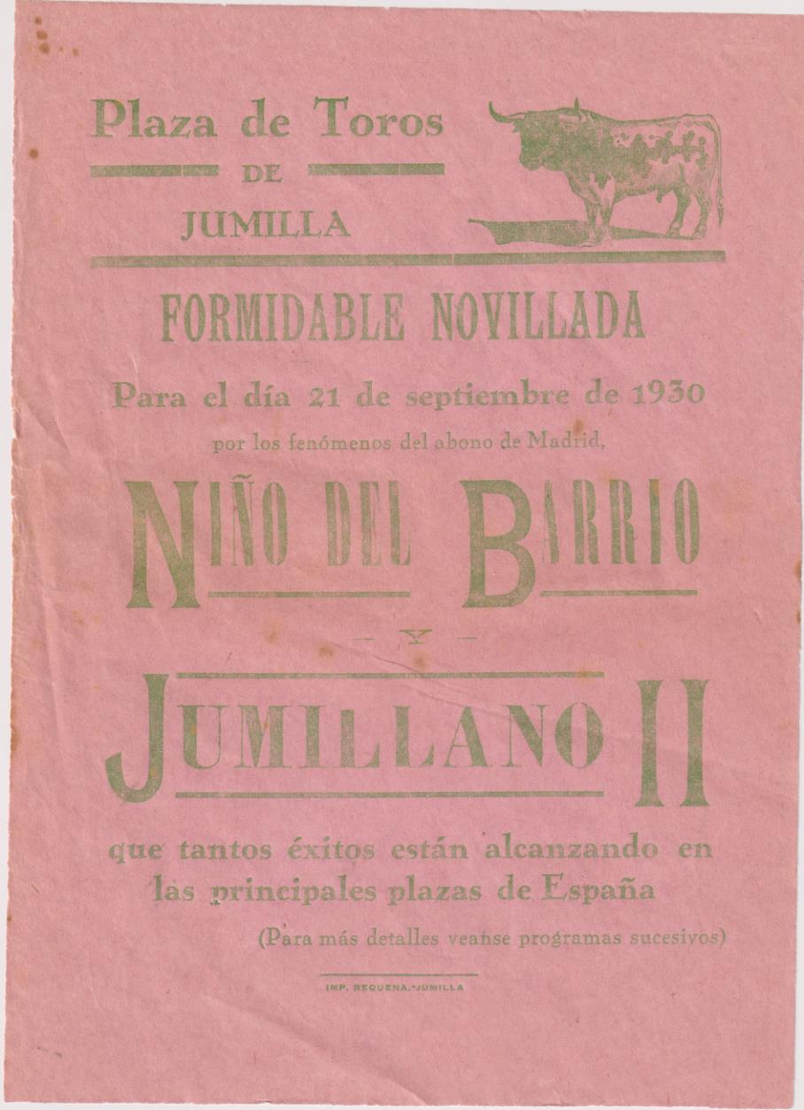 Plaza de Toros de Jumilla. 21 Septiembre 1930. Cartel (21,5x16)