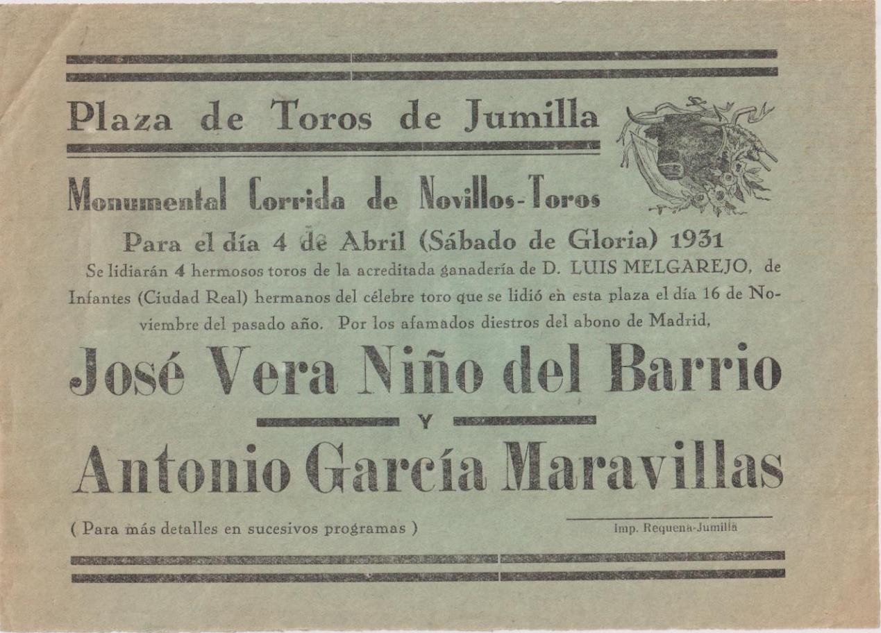 Plaza de Toros de Jumilla. 4 Abril (Sábado de Gloria) 1931. Cartel (16x22)