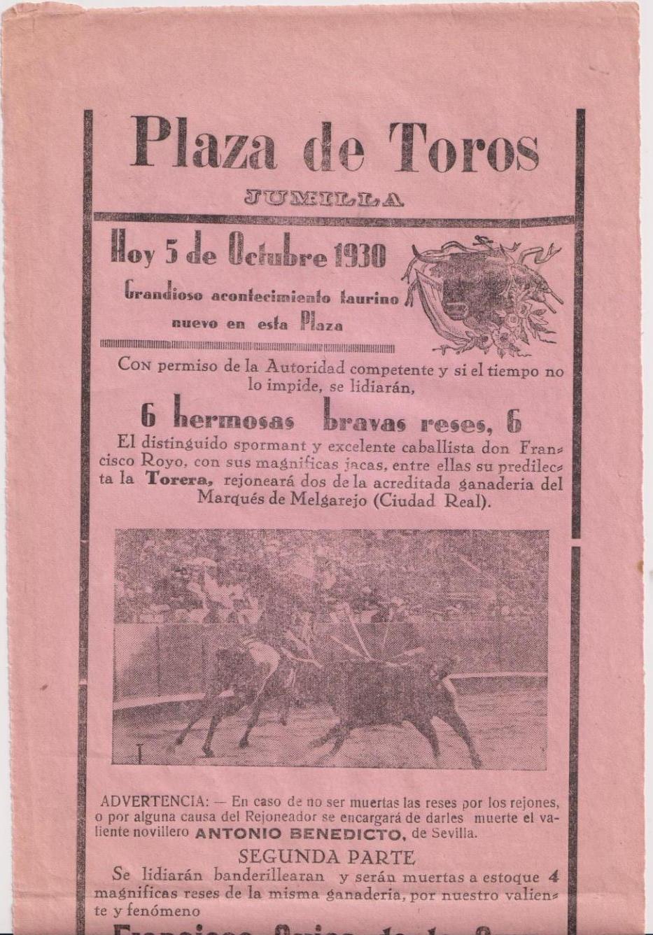 Plaza de Toros de Jumilla. 5 Octubre 1930. Cartel (44x16)