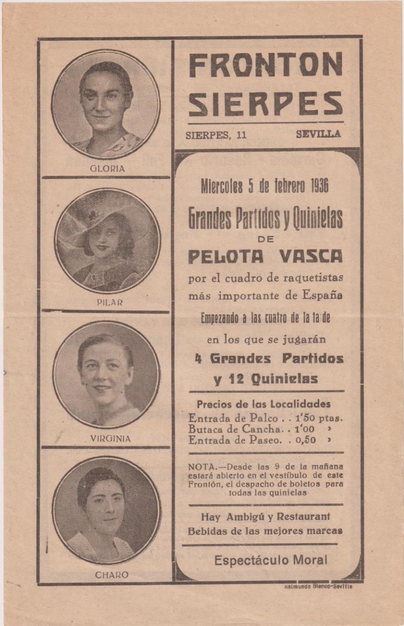 Pequeño Cartel (21,5x14) Frontón Sierpes. Sevilla. 5 de Febrero 1936. Grandes Partidos de pelota Vasca