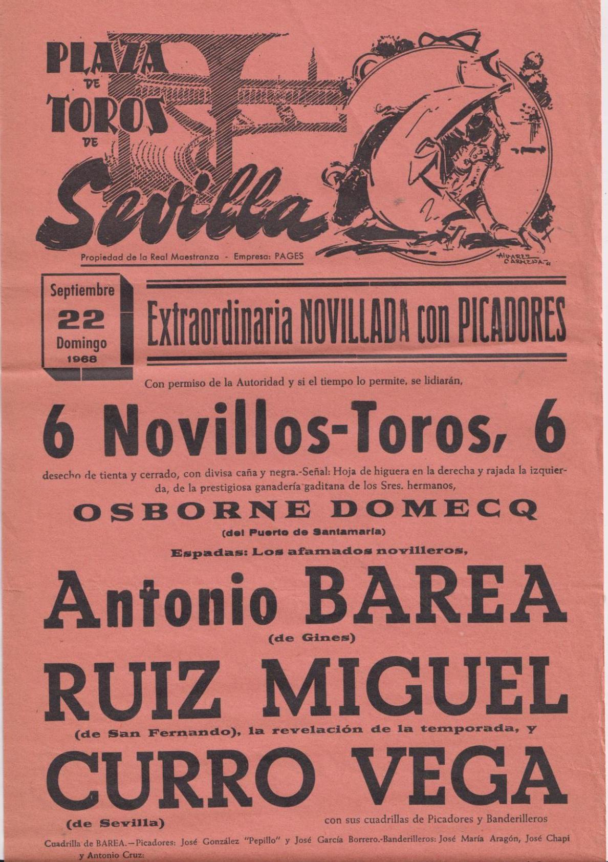 Cartel (45x21) Plaza de Toros de Sevilla 22 de Septiembre de 1968. Extraordinaria Novillada con Picadores