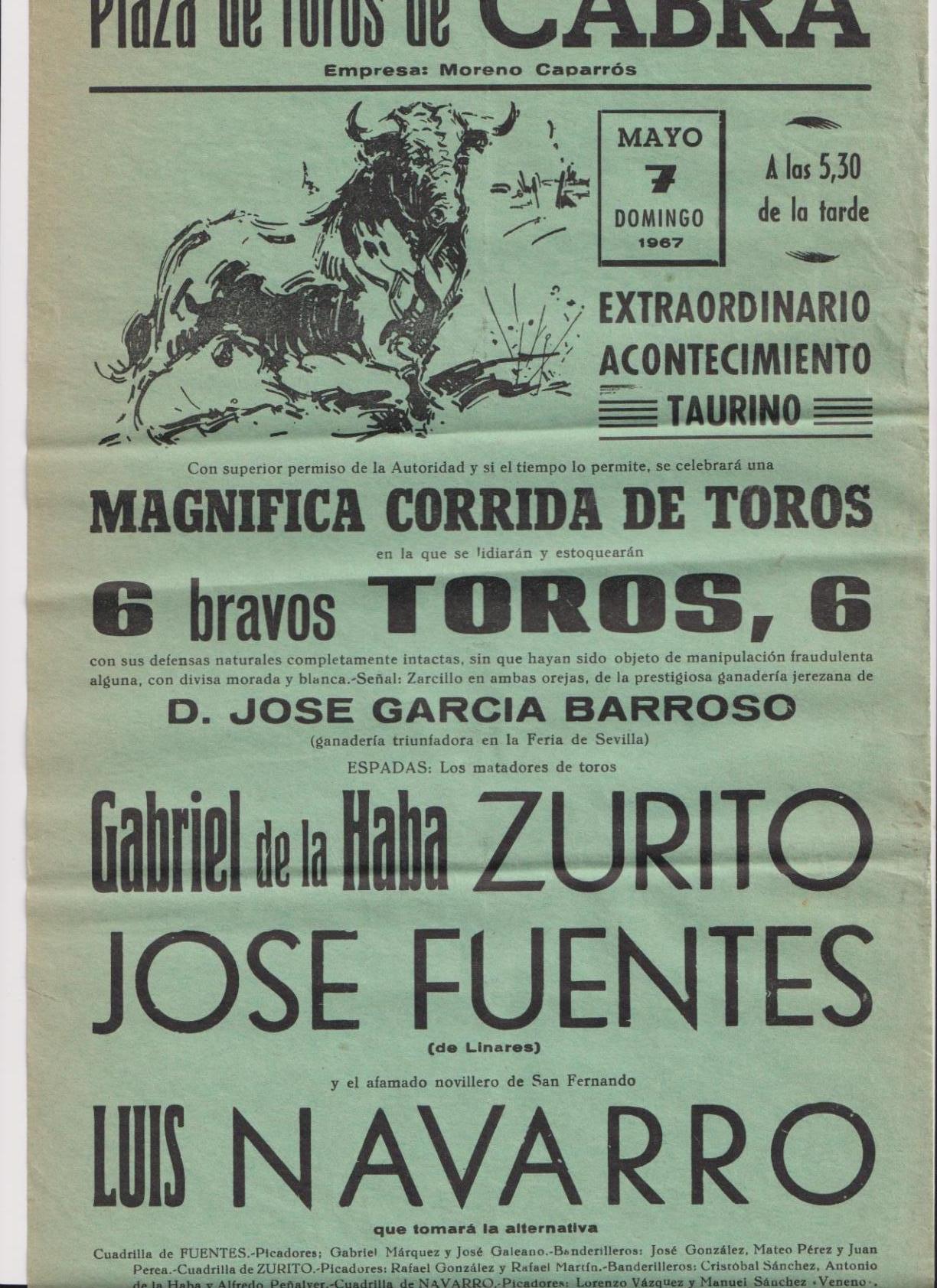Cartel (42x19,5) Plaza de Toros de Cabra 7 de mayo de 1967. Magnífica Corrida de Toros