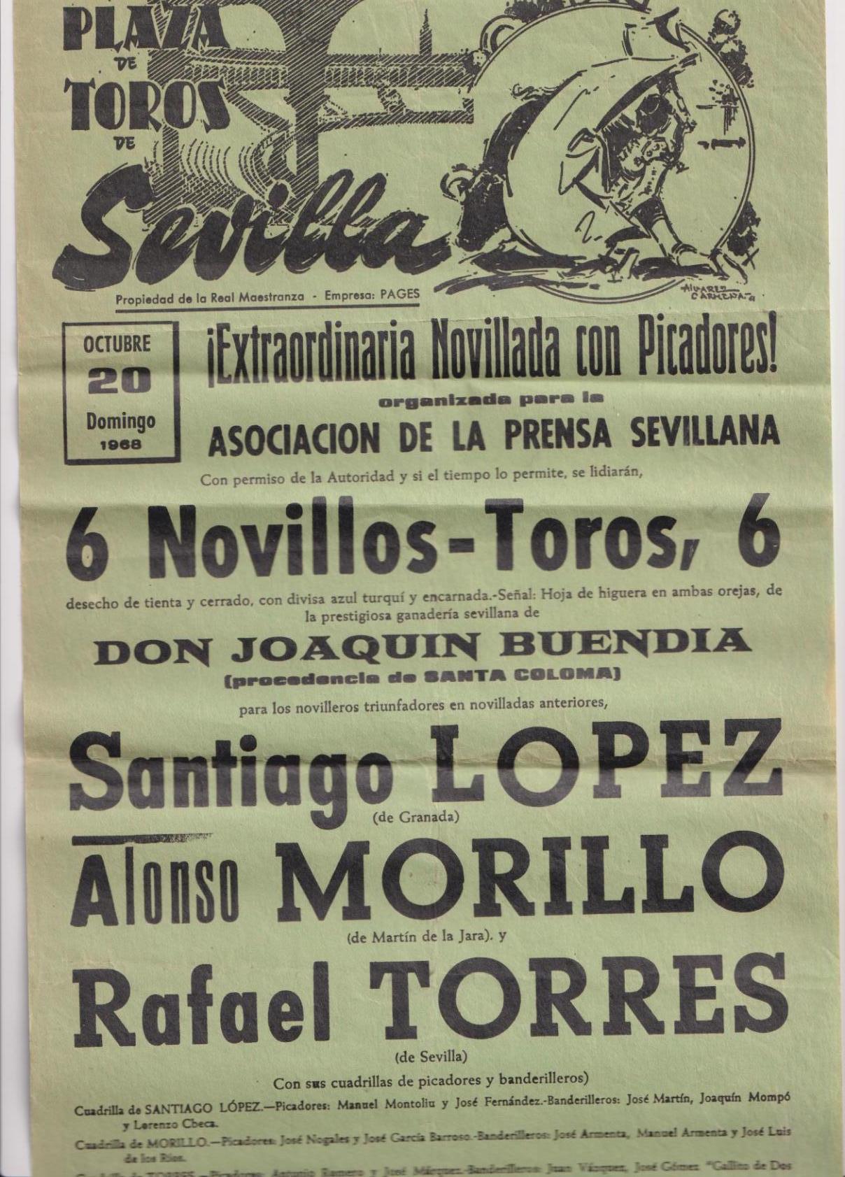 Cartel (45x21) Plaza de Toros de Sevilla 20 Octubre de 1968. Extraordinaria Novillada con Picadores