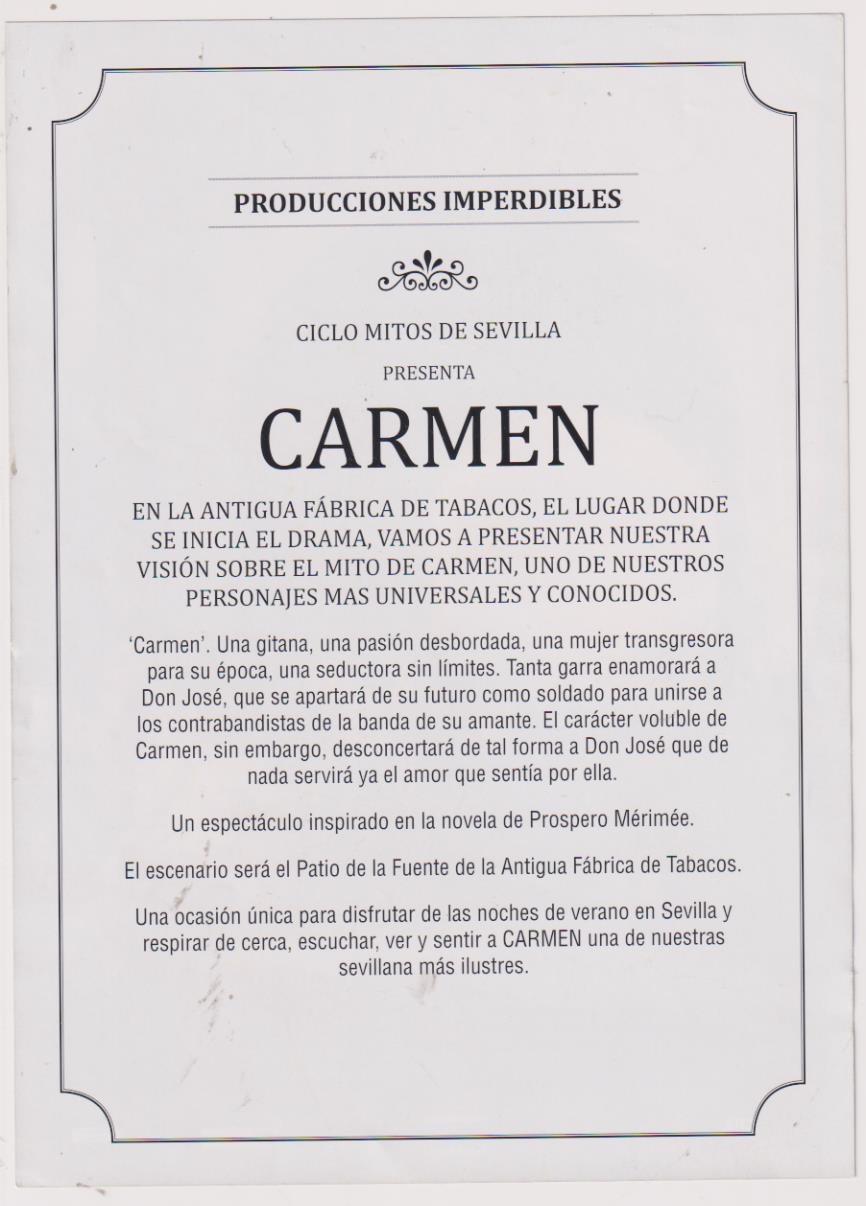 Pequeño Cartel (20,5x15) Ciclo Mitos de Sevilla presenta Carmen, en la antigua fábrica de Tabacos, el lugar donde se inicia el drama