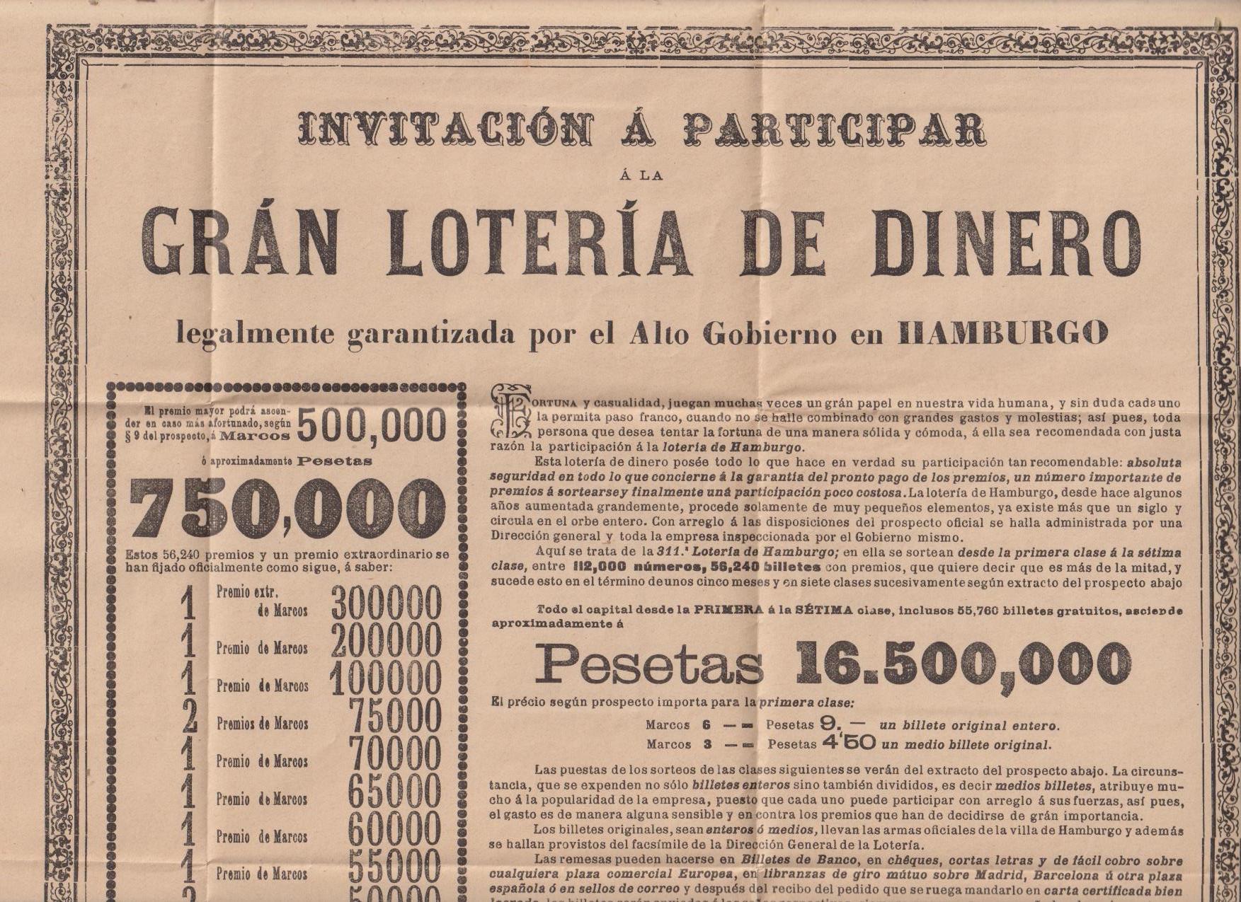 Cartel (44x32,5) Gran Lotería de Dinero de Hamburgo de 1896