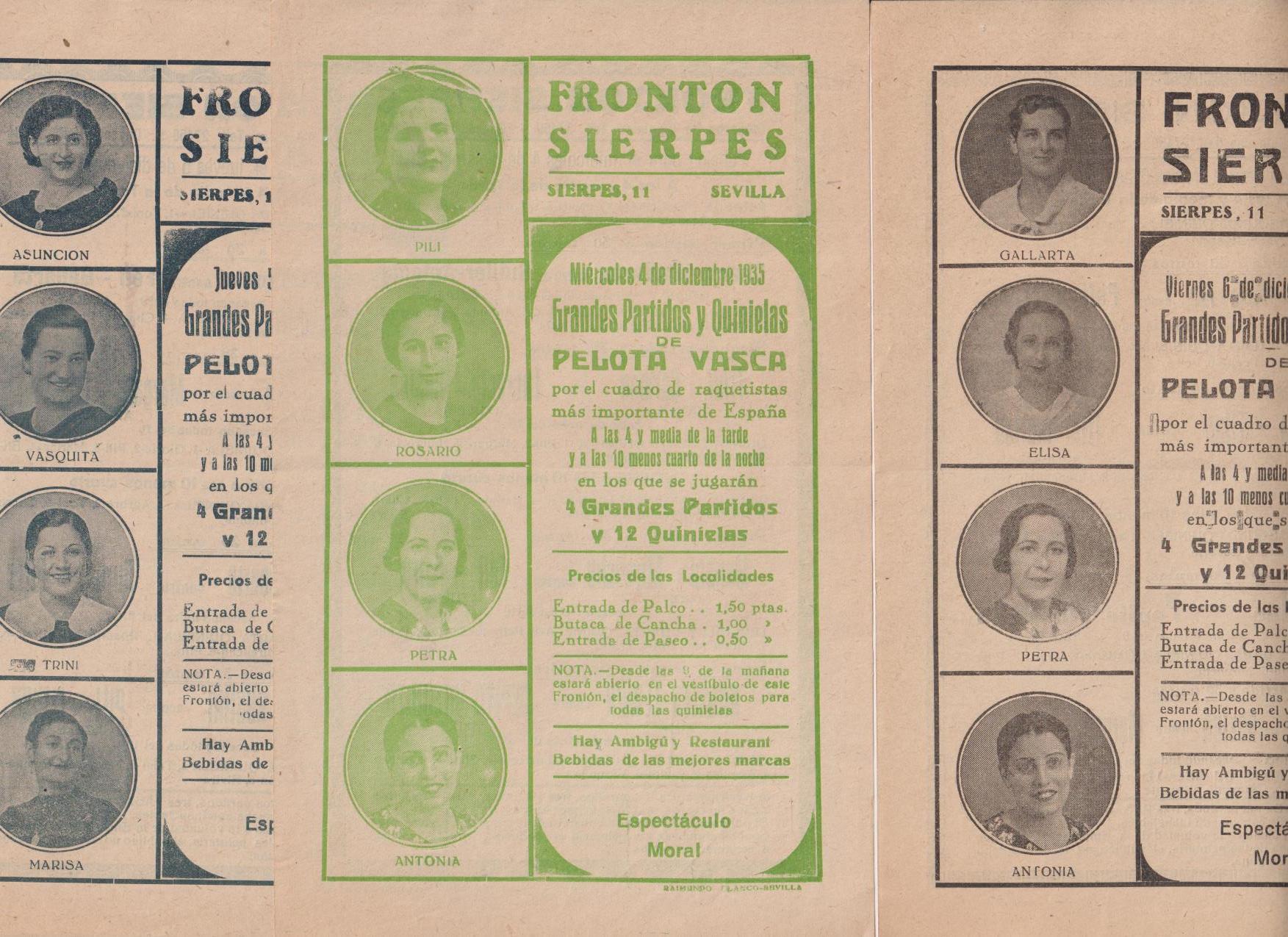 Frontón Sierpes. LOte de 3 Carteles de mano (22x14) Pelota Vasca. 4,5 y 6 Enero 1935. Sevilla