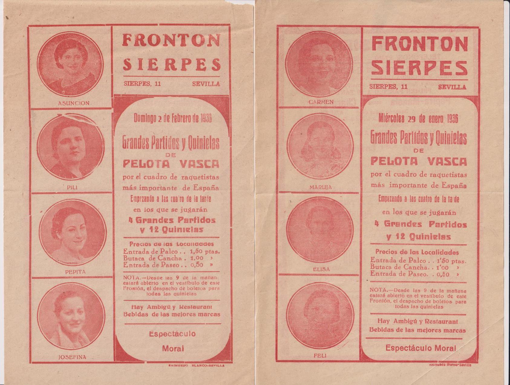 Frontón Sierpes. LOte de 2 Carteles de mano (22x14) Pelota Vasca. 22 Enero y 2 Febrero de 1936