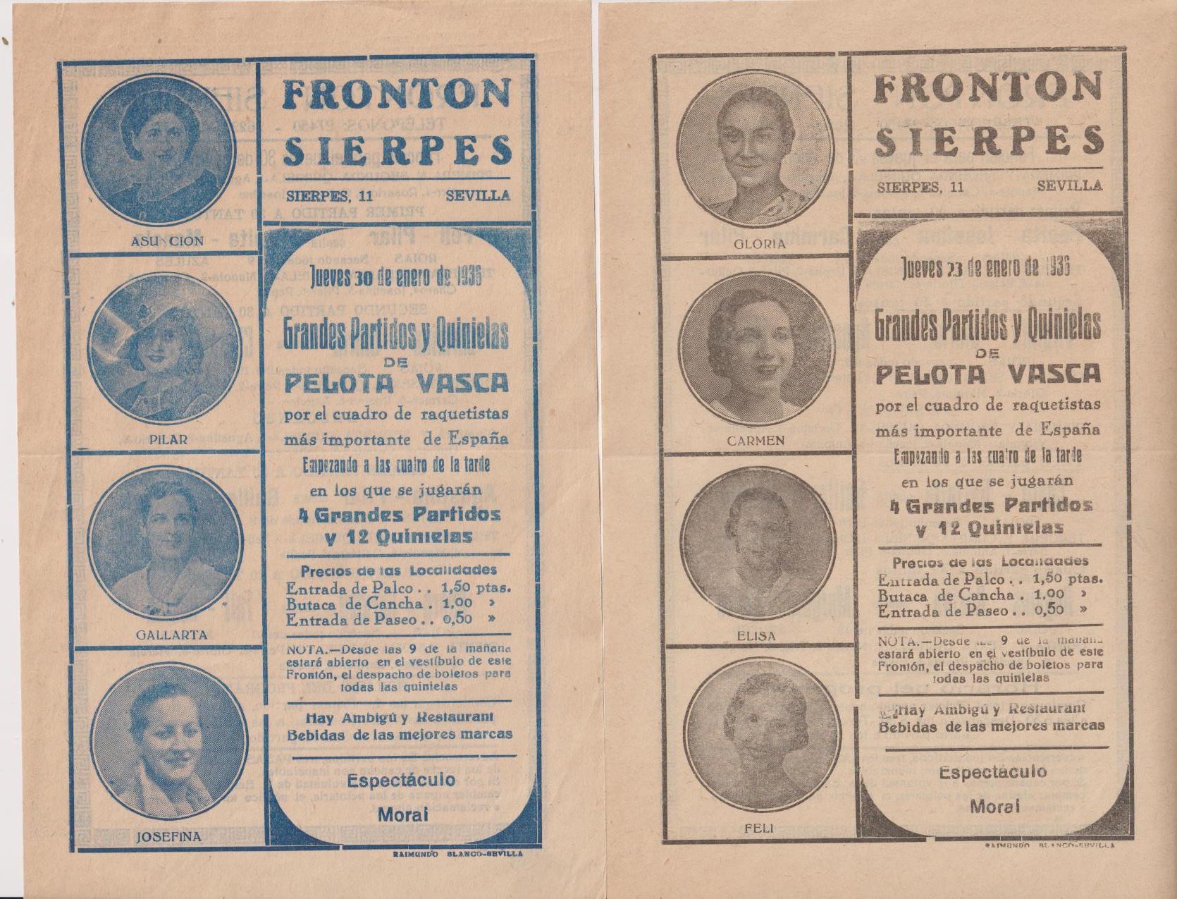 Frontón Sierpes. LOte de 2 Carteles de mano (22x14) Pelota Vasca. 23 y 30 Enero 1936. Sevilla