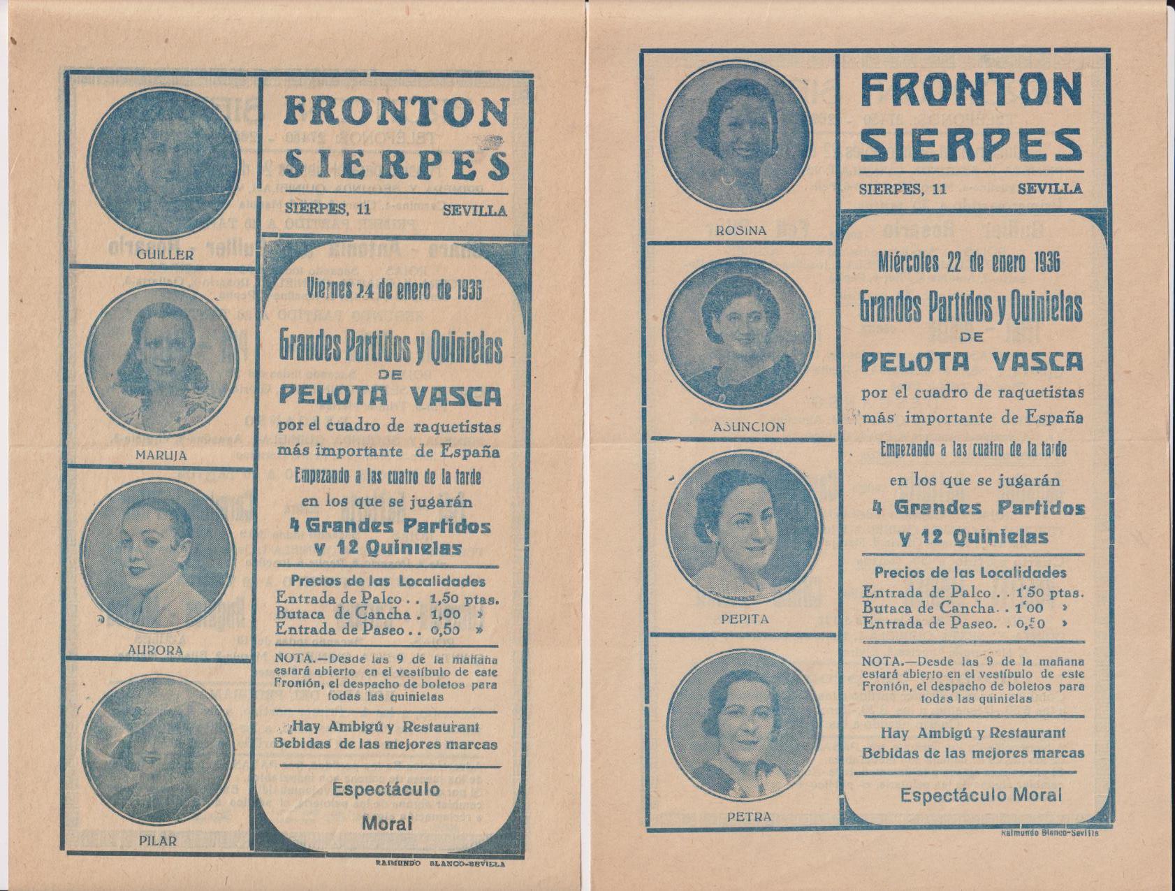 Frontón Sierpes. LOte de 2 Carteles de mano (22x14) Pelota Vasca. 22 y 24  Enero 1936. Sevilla
