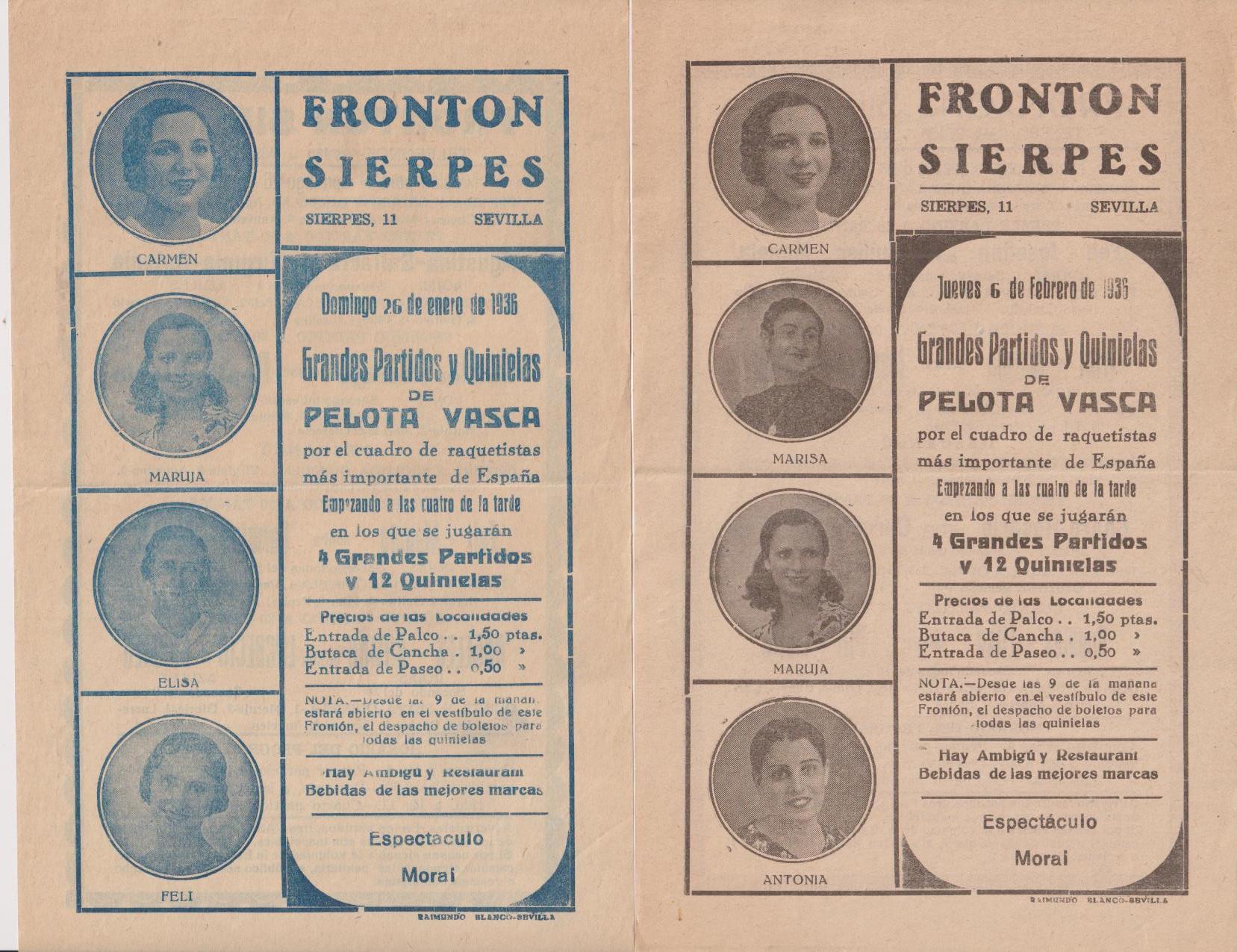 Frontón Sierpes. LOte de 2 Carteles de mano (22x14) Pelota Vasca. 26 Enero y 27 Febrero 1936