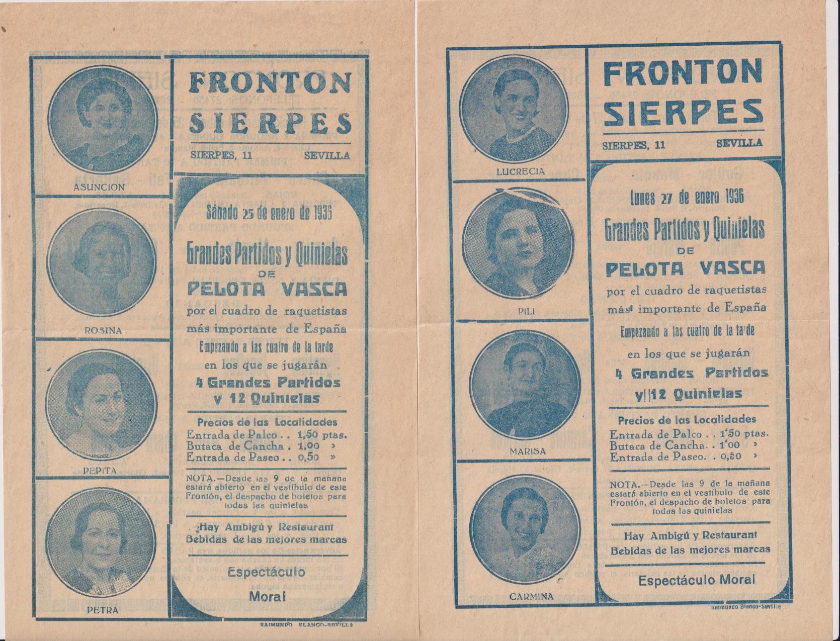 Frontón Sierpes. LOte de 2 Carteles de mano (22x14) Pelota Vasca. 25 y 27 Enero 1936. Sevilla
