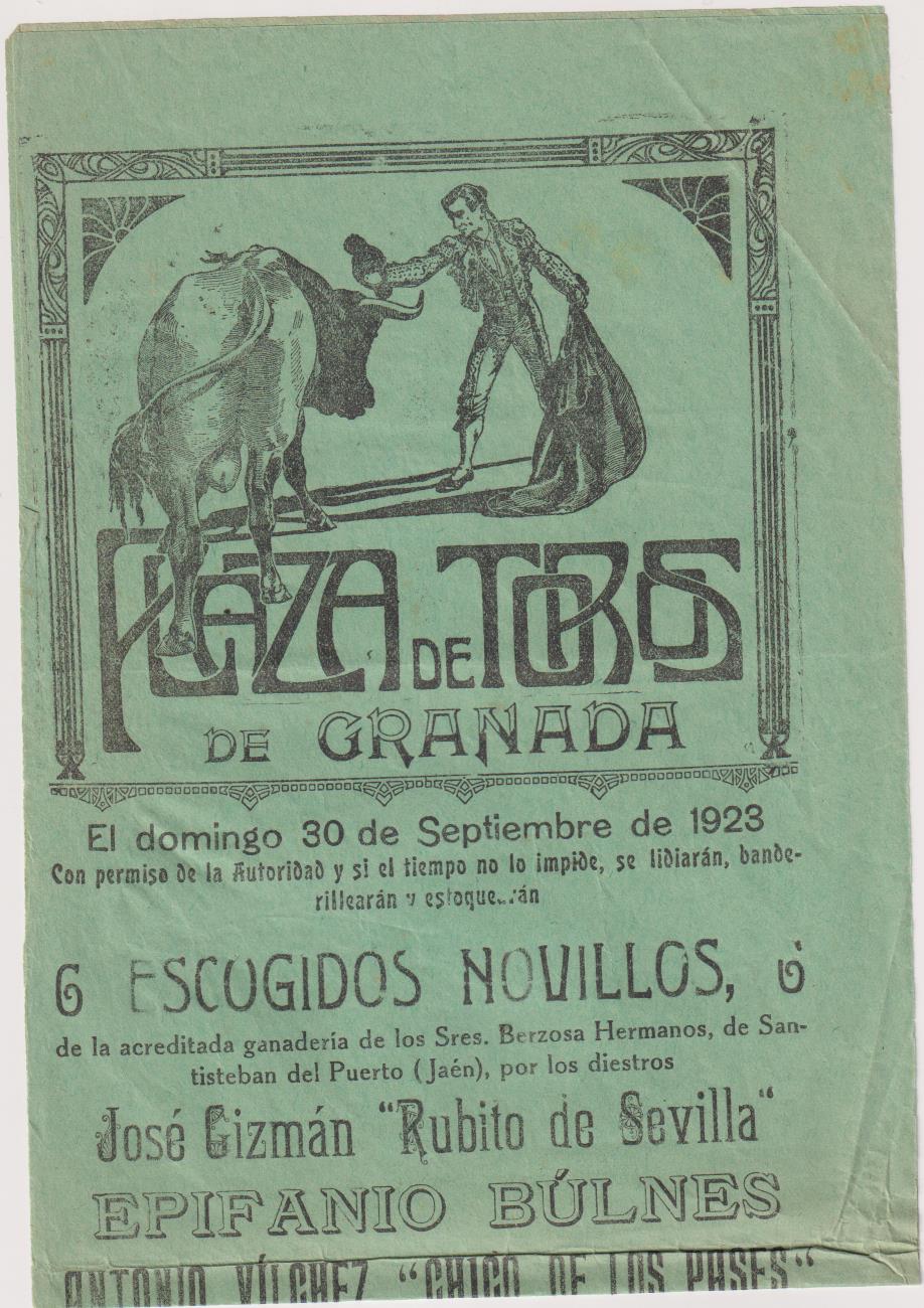 Plaza de Toros de Granada. Cartel (43x15) Domingo 30 de Septiembre de 1923
