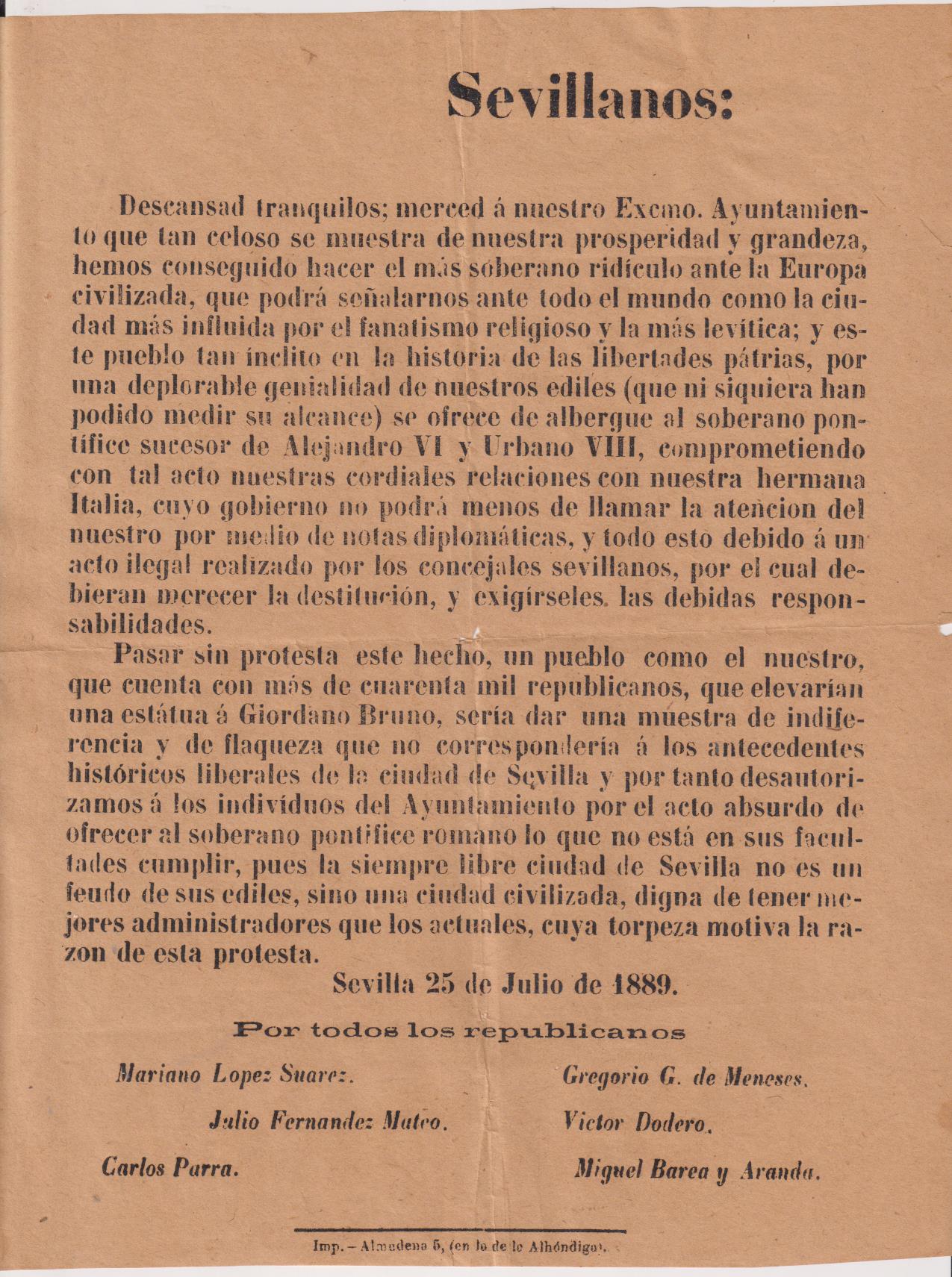 Cartel (28x22) Proclama a los Sevillanos 25 Julio 1889. Por todos los Republicanos