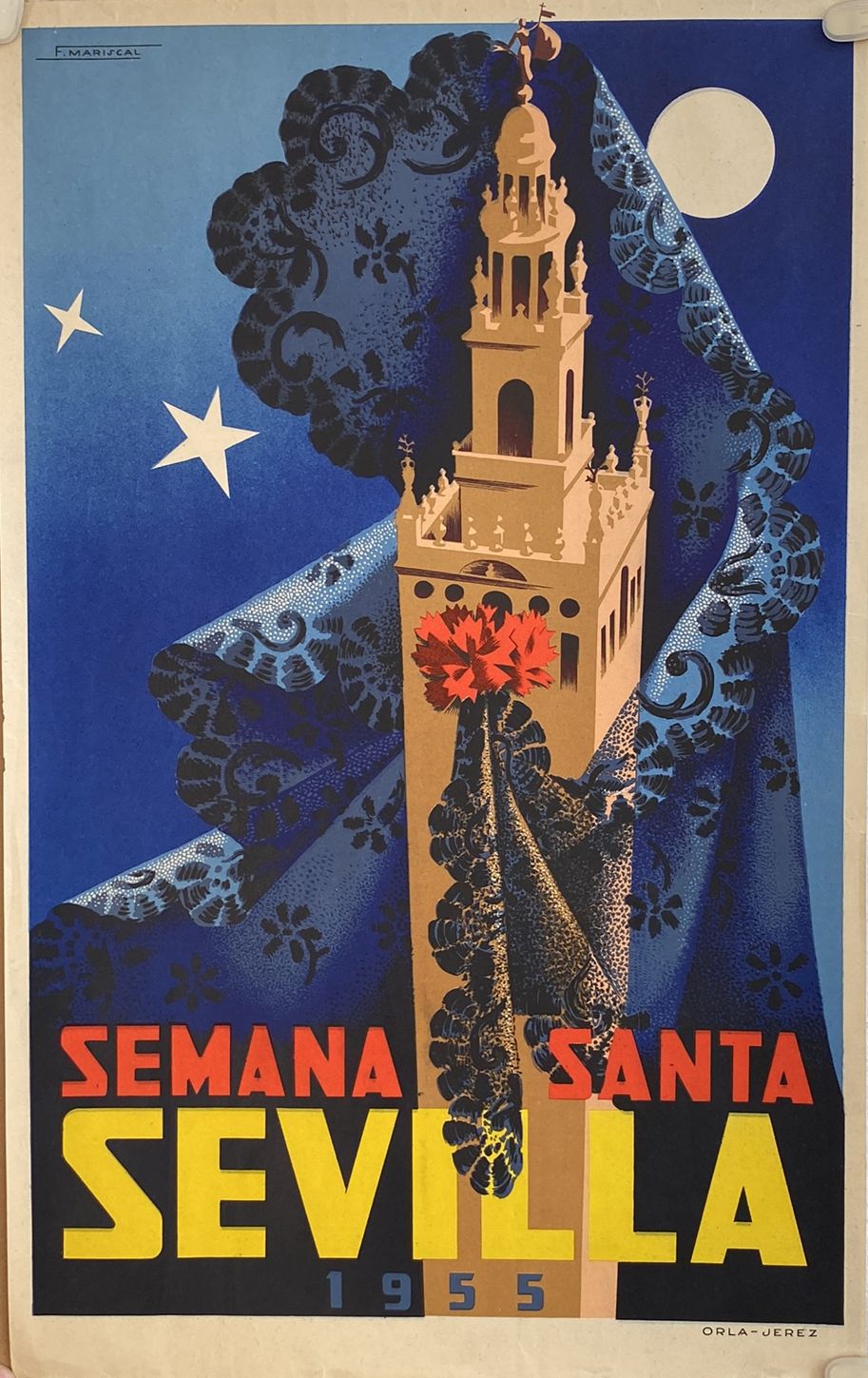 Cartel (50x35) Semana Santa Sevilla 1955. Autor F. mariscal. RARA ASÍ