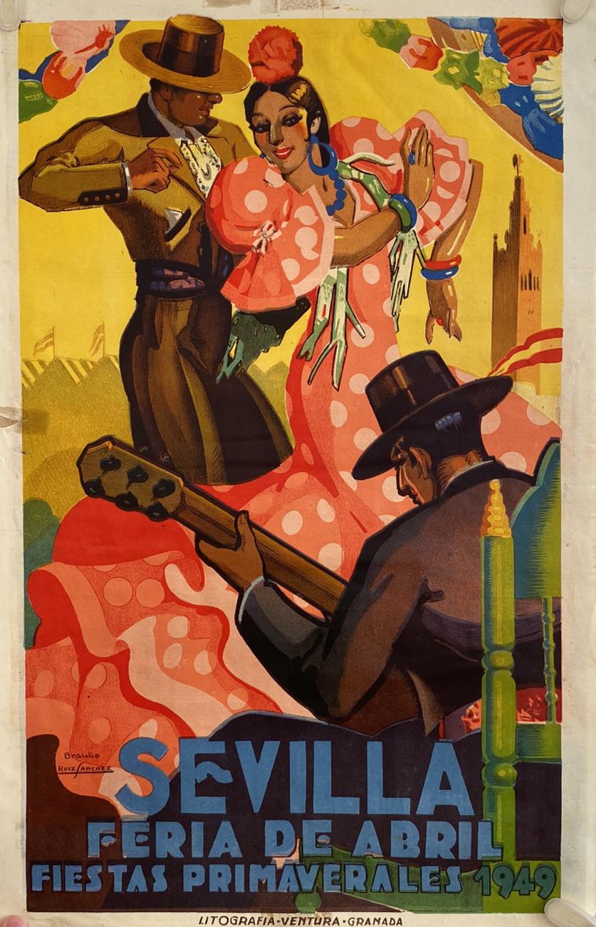 Cartel. (48x31) Sevilla, Feria de Abril y Fiestas Primaverales 1949. B. Ruiz Sánchez