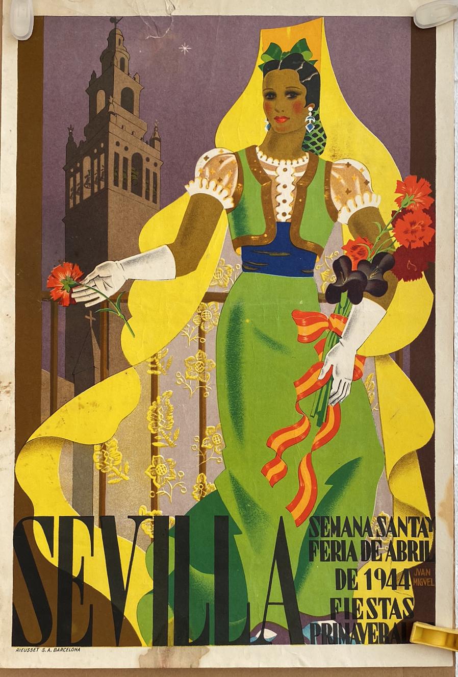 Cartel (40x27) Semana Santa y Feria de Abril 1944. Dibujo de J. Miguel Sánchez