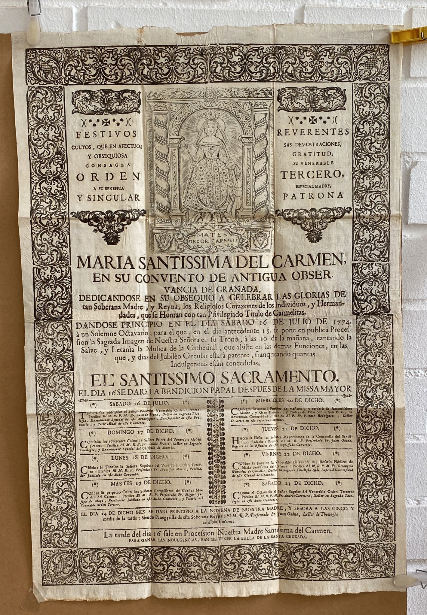 Convocatoria (Cartel 60,5x40) María Santísima del Carmen en Granada, Año 1774
