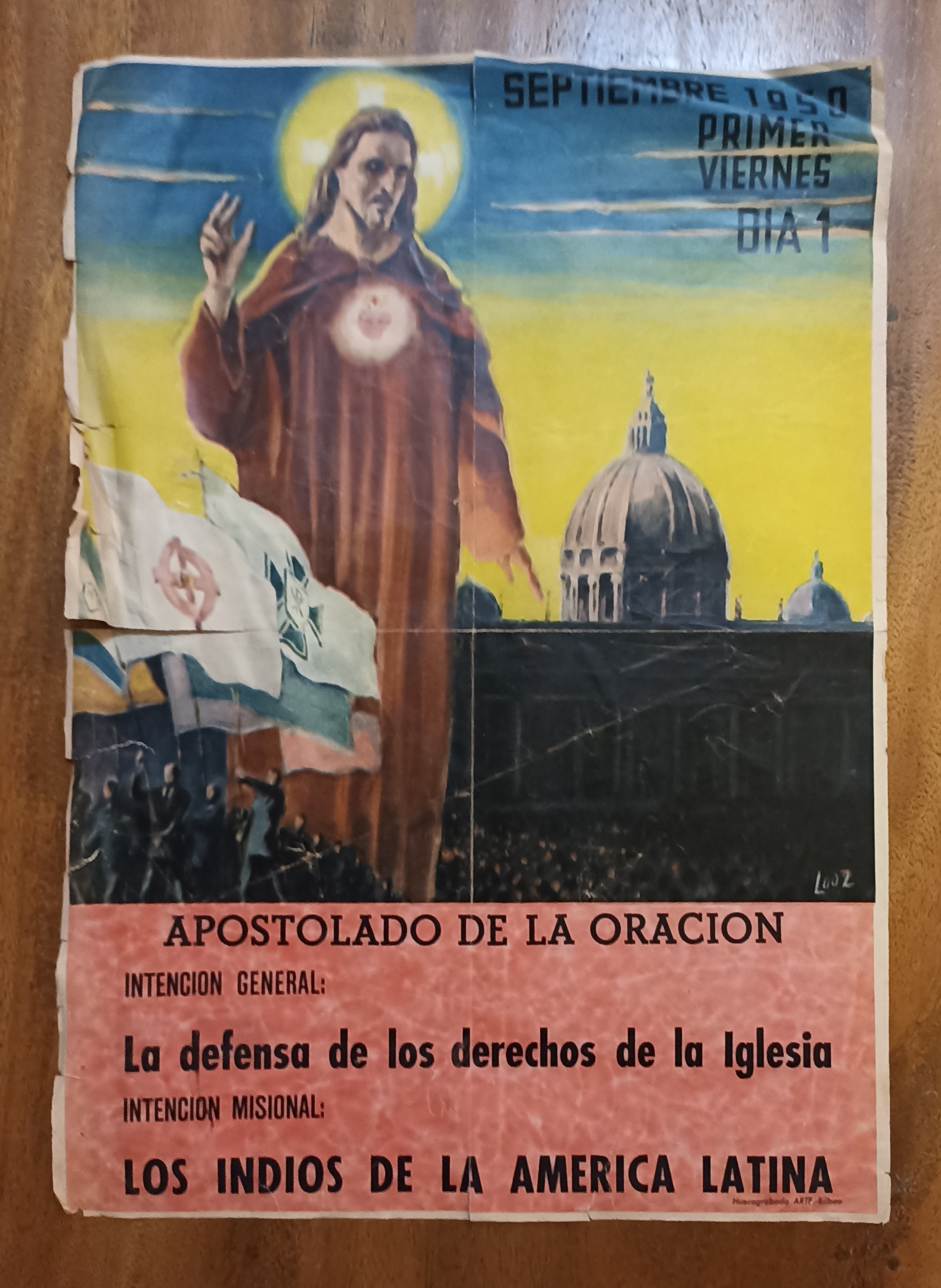 Apostolado de la Oración. Cartel (48x33) Septiembre de 1950