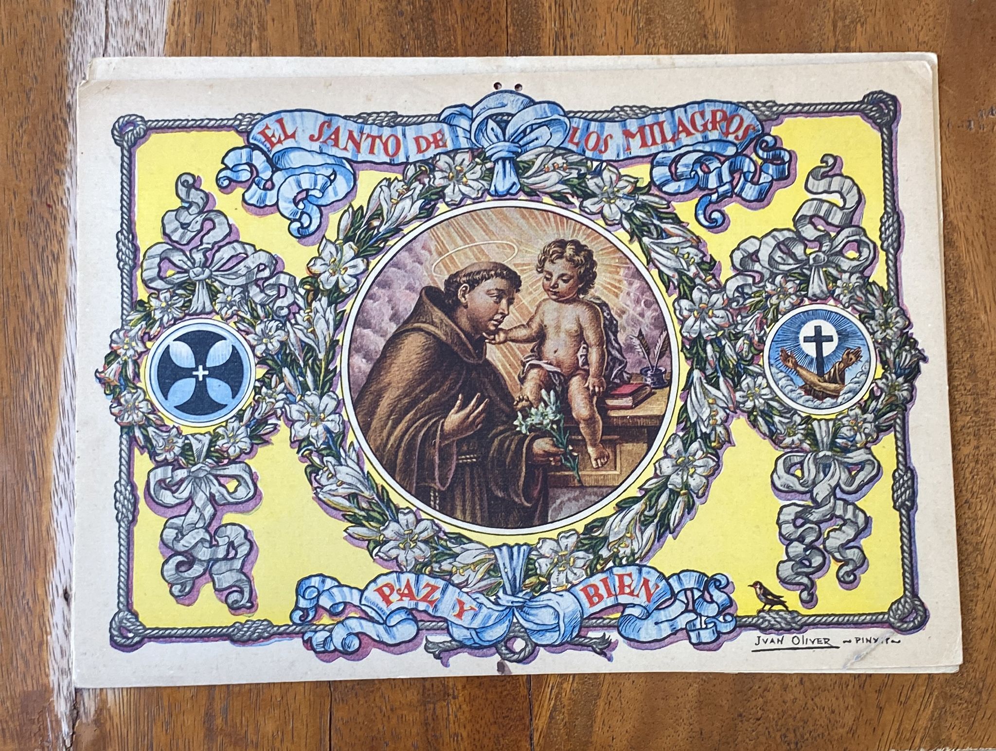 El Santo de los Milagros. Cartón (23x32 cms.) de Almanaque para 1944. Pintó Juan Oliver