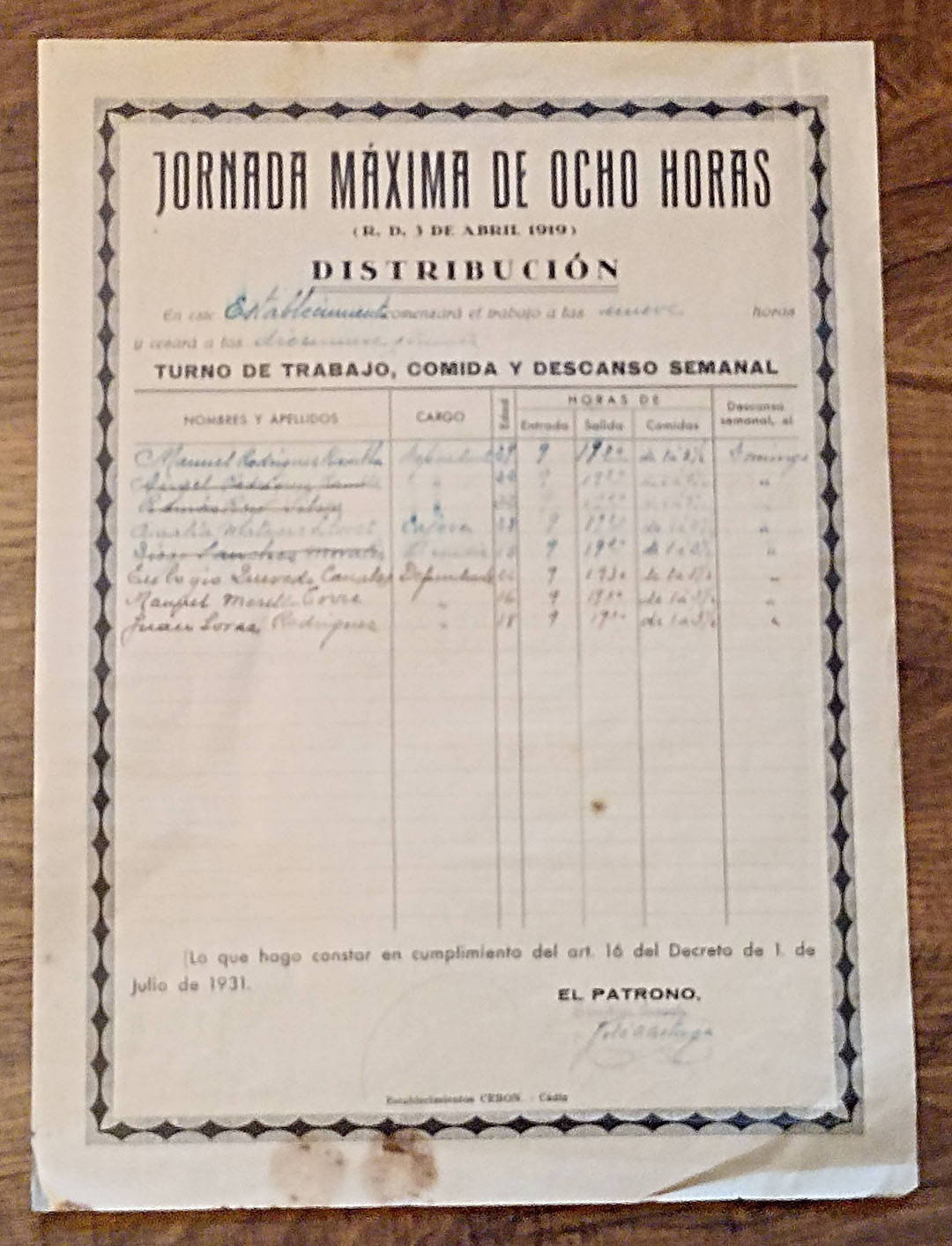 Jornada Máxima de ocho horas. R. D. 3 de Abril de 1919. pequeño cartel (37x27 cm) Establecimientos Cerón-Cádiz