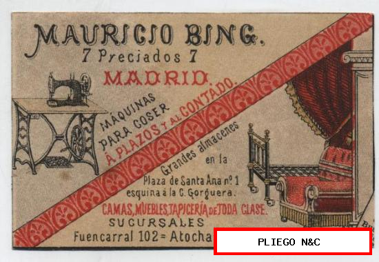 Pequeño cartel publicitario (6,5x10) Máquinas de coser. Mauricio Bing. Preciados 7-Madrid