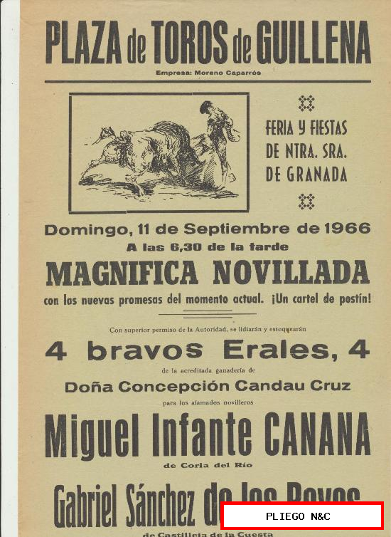 Cartel (45x21) Plaza de Toros de Guillena. Novillada 11 Septiembre de 1966