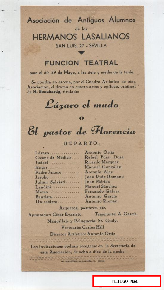 Cartel (24x11,5) Lázaro el Mudo o El Pastor de Florencia. Sevilla años 50