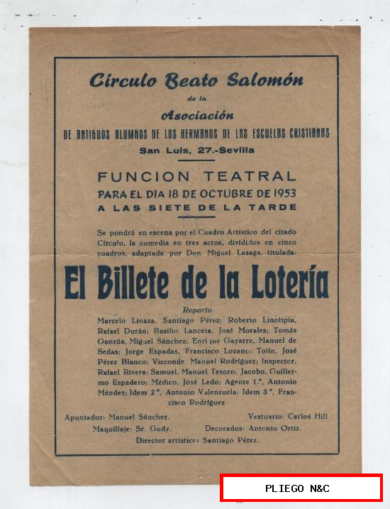 Cartel (22x16) El Billete de la Lotería. función Teatral en Círculo Beato Salomón-Sevilla 1953
