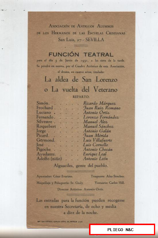 Cartel (21x10) La aldea de San Lorenzo o La vuelta del Veterano. Función Teatral. Sevilla 1951