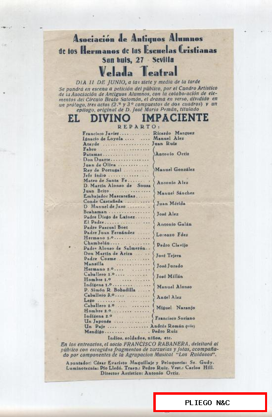 Cartel (21x10) El Divino Impaciente. Velada Teatral. Sevilla 1950