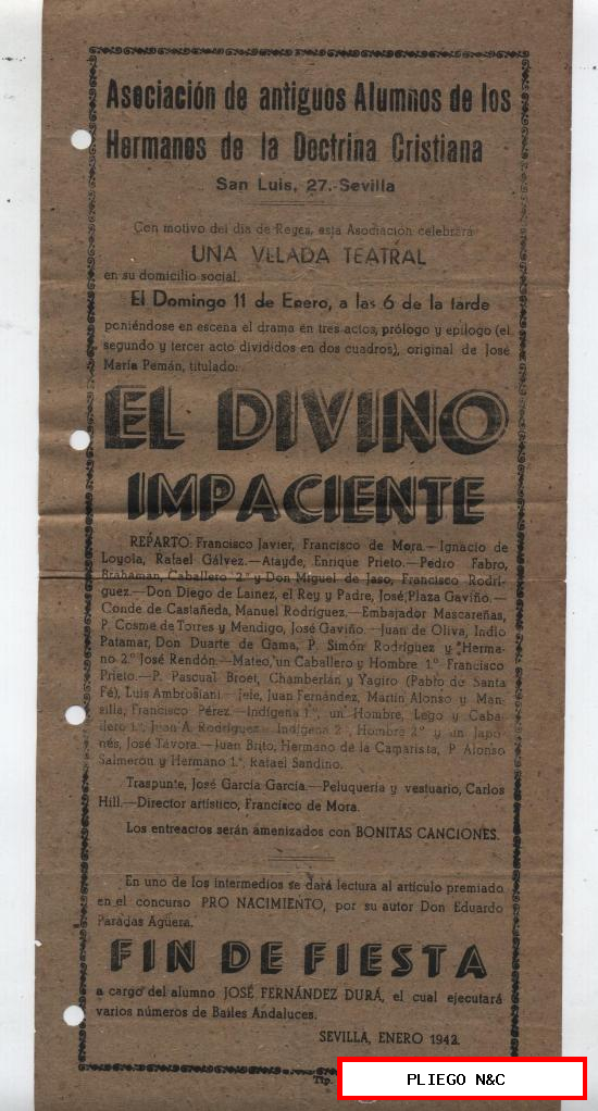 Cartel (31x14) El Divino Impaciente. Velada Teatral. Sevilla 1942