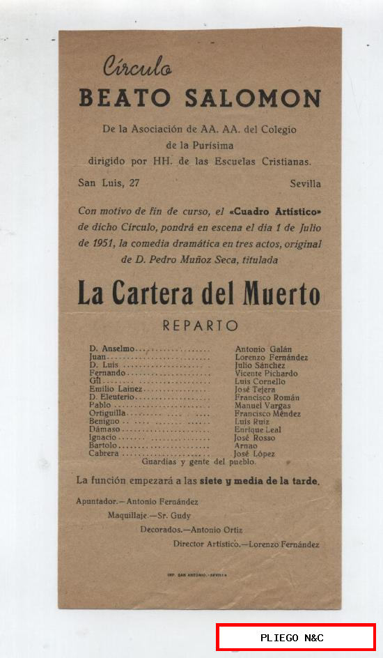 Cartel (21x10) La Cartera del Muerto. Velada Teatral. Círculo Beato Salomón-Sevilla 1951