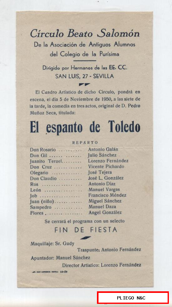 Cartel (21x10) El espanto de Toledo. Velada Teatral. Círculo Beato Salomón-Sevilla 1950