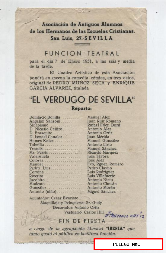 Carte (22x11) El Verdugo de Sevilla. Función Teatral. Sevilla 1951