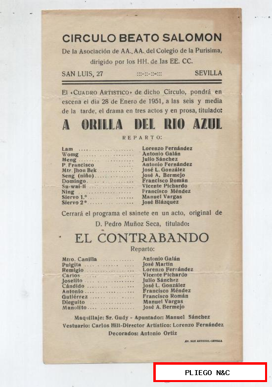 Cartel (21x10) A orilla del Río Azul. Velada Teatral. Círculo Beato Salomón-Sevilla 1951