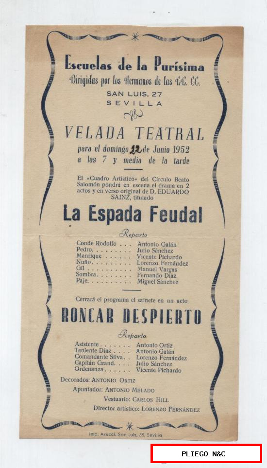Cartel (21x10) La Espada Feudal. Velada Teatral. Escuelas de la Purísima-Sevilla 1952