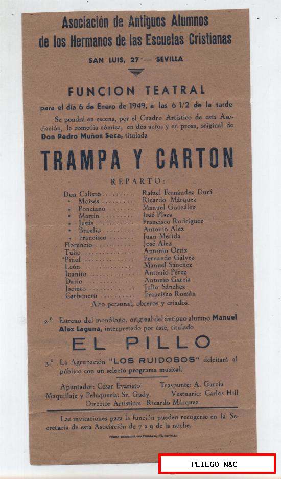 Carte (22x11) Trampa y cartón. Función Teatral. Sevilla 1949