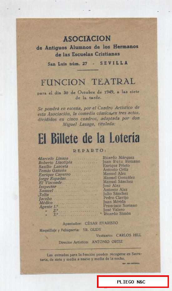 Carte (22x11) El Billete de la Lotería. Función Teatral. Sevilla 1949