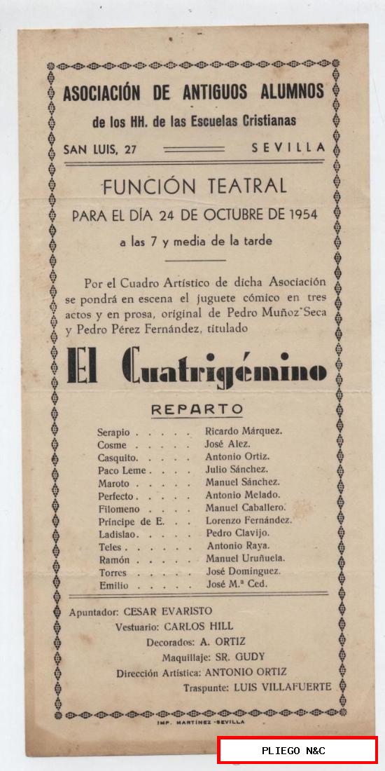 Carte (20x10) El Cuatrigésimo. Función Teatral. Sevilla 1954
