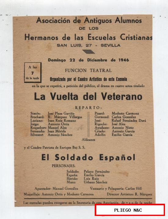 Carte (20x15) la vuelta del Veterano. Función Teatral. Sevilla 1946