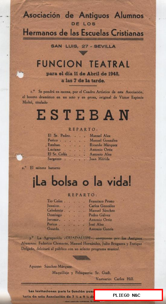 Cartel (31x14) Esteban y ¡La bolsa o la vida! Función Teatral. Sevilla 1948