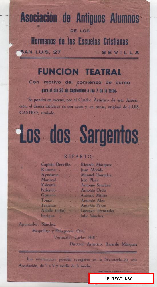 Cartel (30x14) Los dos Sargentos. Función Teatral. Sevilla 194?