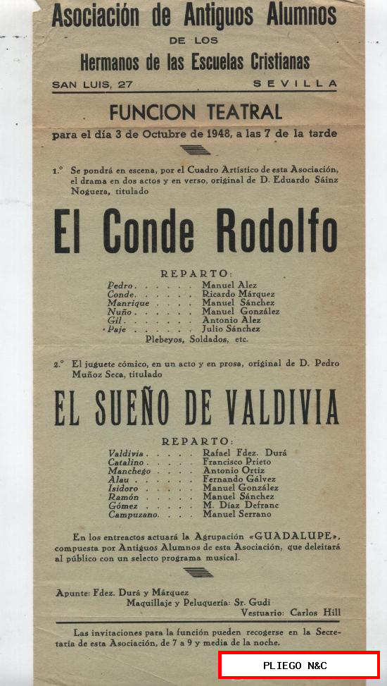 Cartel (31x14) El Conde Rodolfo y El sueño de Valdivia. Función Teatral. Sevilla 1948