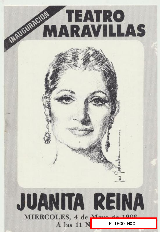 Programa tarjeta. Juanita Reina. Teatro Maravillas-Sevilla 1988