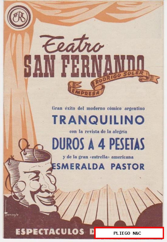 Programa extensible de la Revista: Duros a 4 pesetas. Teatro San Fernando-Sevilla