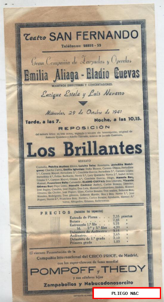 Los Brillantes. Cartel de mano (29x14) Teatro San Fernando 1941-Sevilla