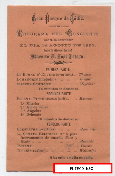 Programa del Concierto para el día 14 Agosto 1892. Maestro D. J. Tolosa
