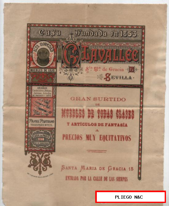 Cartel de mano (26x20) P. Clavallée. Muebles de Lujo. Sta. María de Gracia, 15-Sevilla