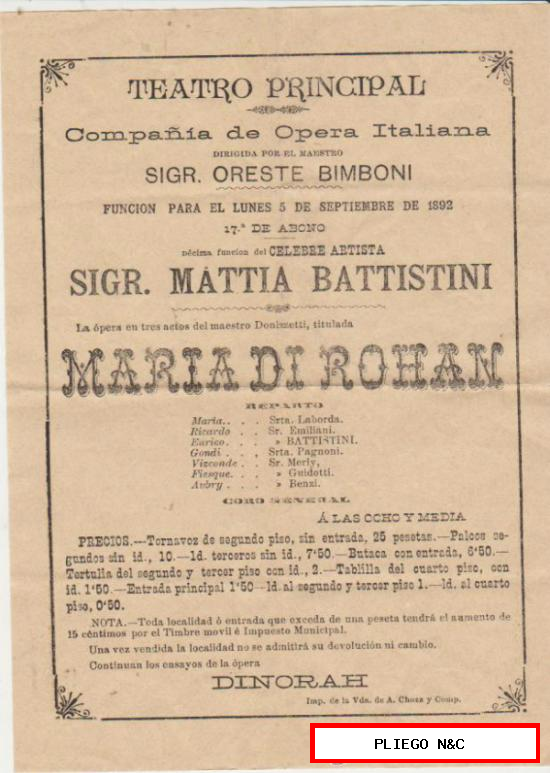 Programa de mano (21x15) María di Rohan de Donizzetti. Teatro Principal 5 Sep. 1892