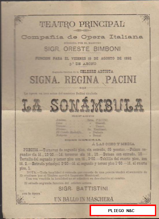 Programa de mano (21x15) La Sonámbula de Bellini. Teatro Principal 19 de Ago. 1892